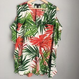 INC | Cold Shoulder Tropical Palm Wrap Blouse